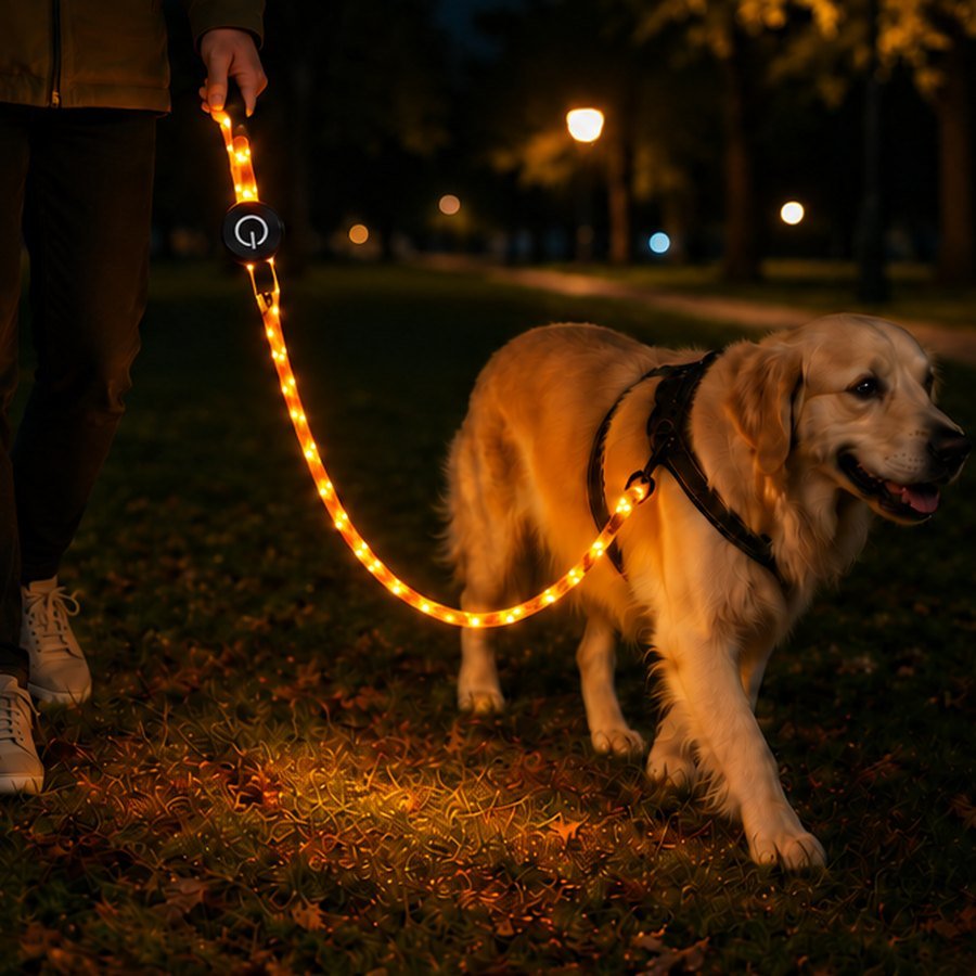 Chien promené la nuit avec une laisse lumineuse