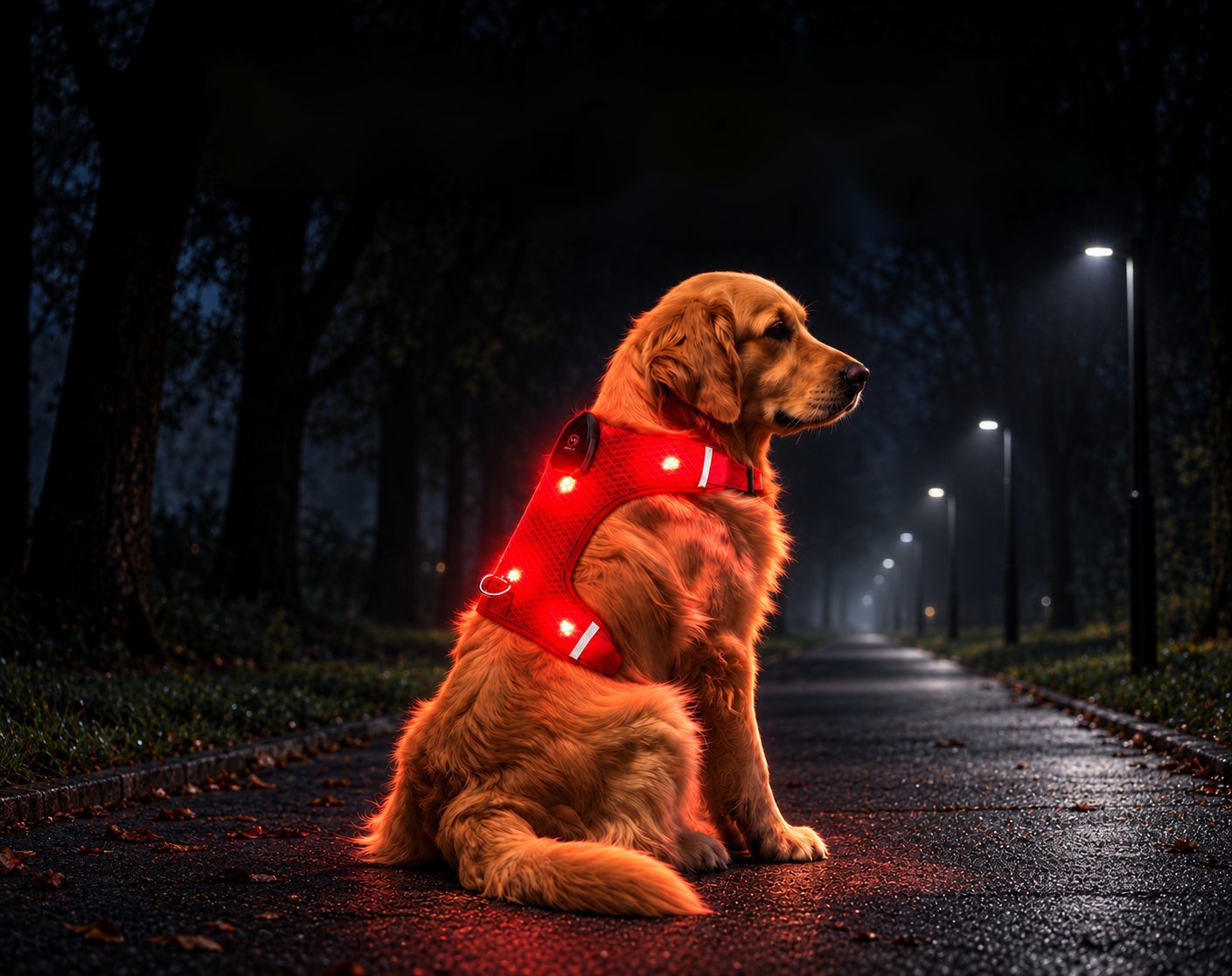 Golden retriever assis la nuit dans un parc, portant un harnais lumineux rouge